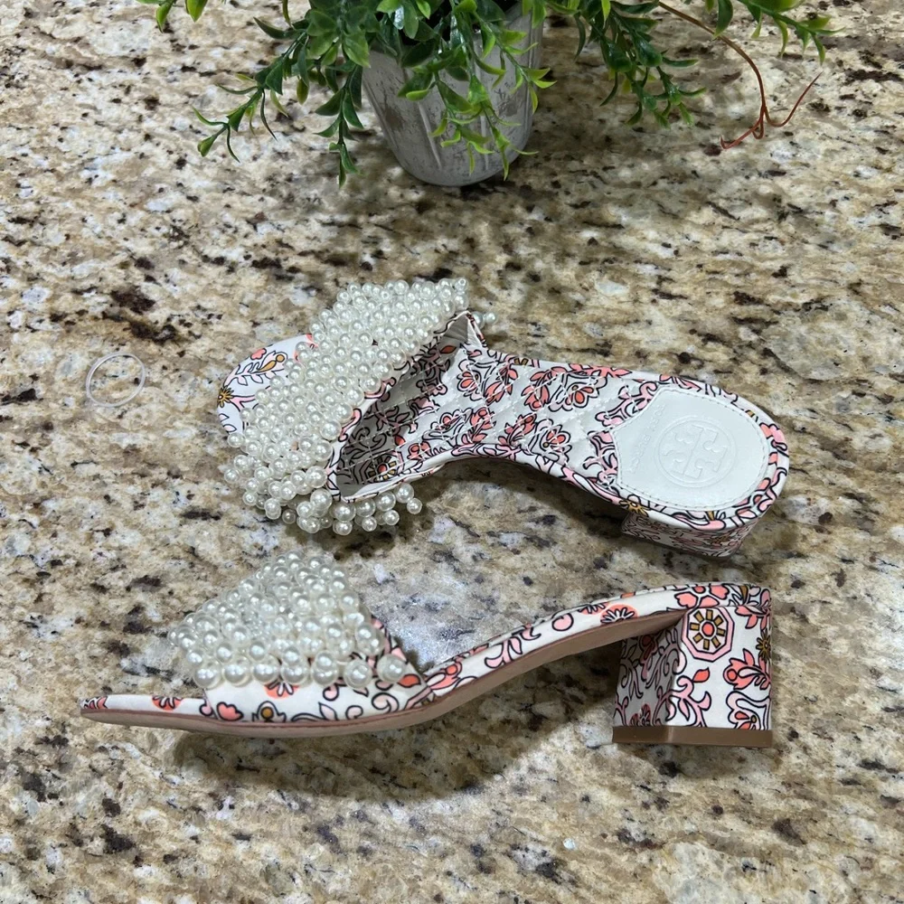Tory Burch TATIANA Beaded PEARL Slide Sandals Hicks Garden Satin Shoes 5M